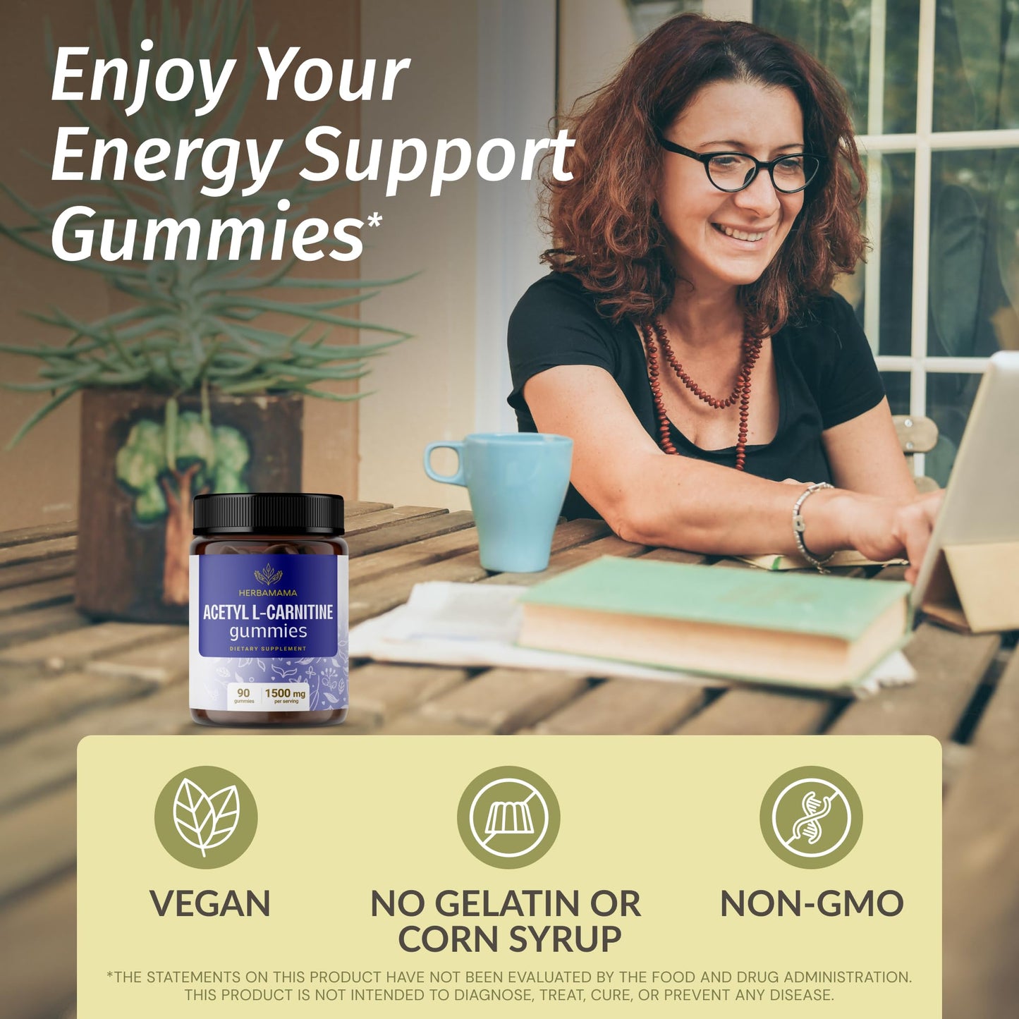 HERBAMAMA Acetyl L-Carnitine 1500mg Gummies - ALCAR Supplement for Energy & Focus Support - Vegan, Non-GMO, 90 Pectin-Based Blueberry-Flavored Chews