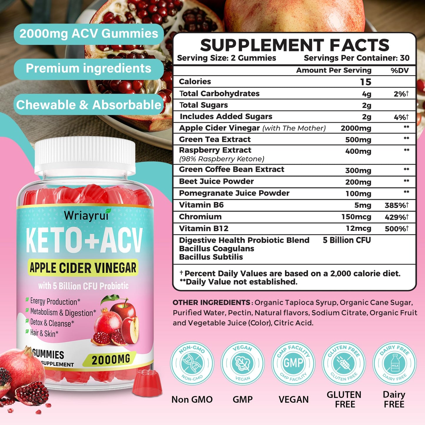 Wriayrui Keto ACV Gummies with Probiotics & Vitamin B12, 2000mg Apple Cider Vinegar Gummies with Mother, for Metabolism, Digestion, Detox & Cleanse, Sugar Free, Vegan-Friendly, 120 Gummies