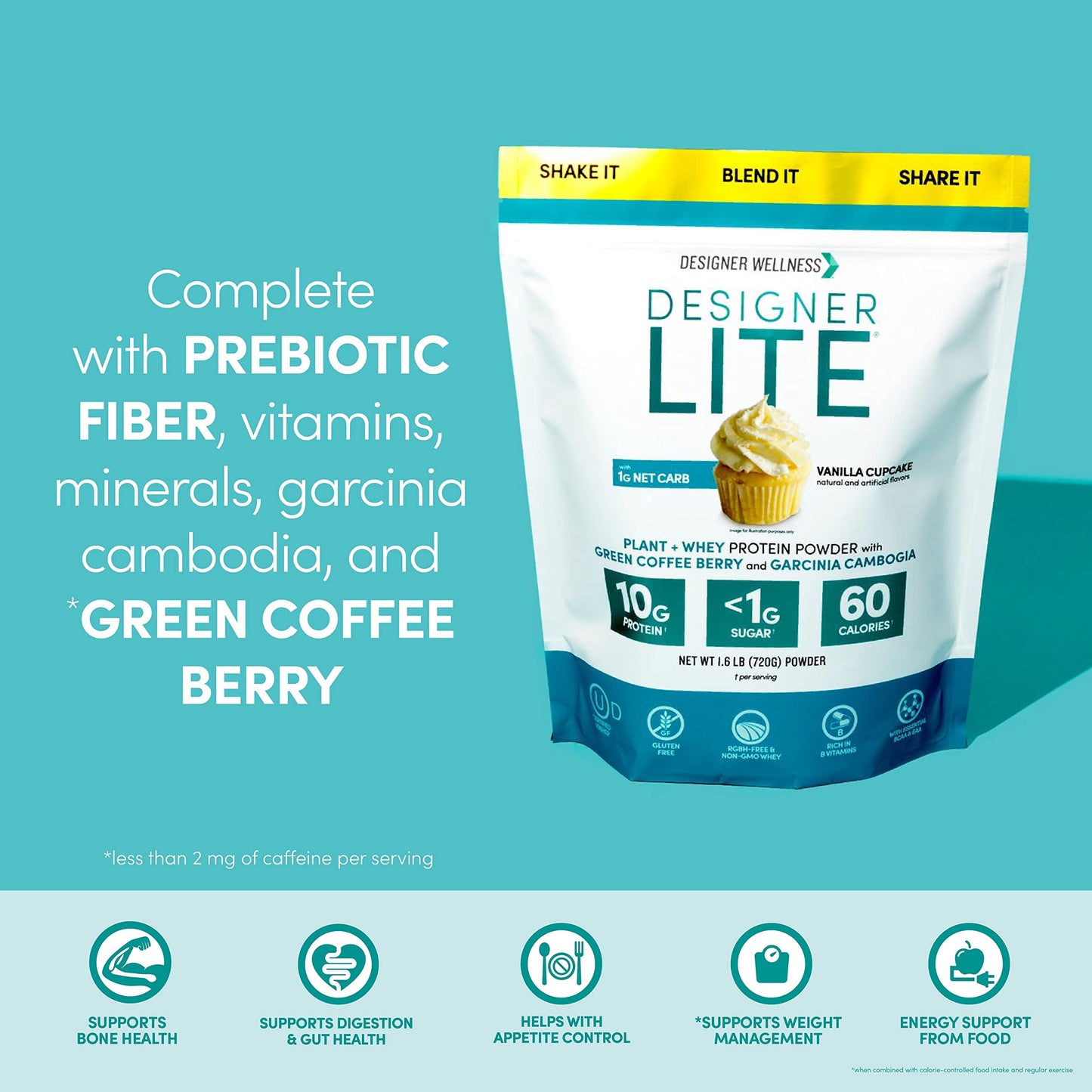Designer Wellness, Designer Lite, Low Calorie Natural Protein, Prebiotic Fiber, Key Vitamins & Minerals, Vanilla Cupcake, 25.6 Ounces