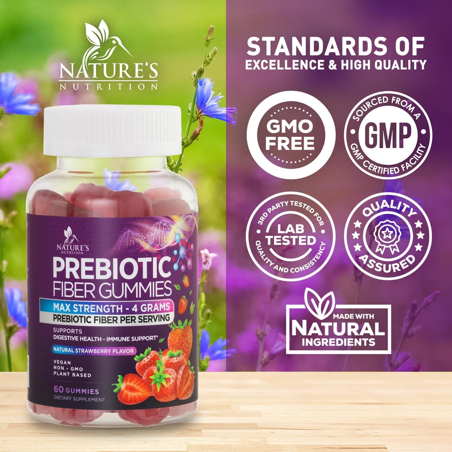 Fiber Gummies for Adults, Daily 4g Gummy Fiber Supplement, Prebiotic Digestive Health Support - Plant Based Soluble Fiber, Supports Regularity & Digestion for Adults Non-GMO - 60 Gummies