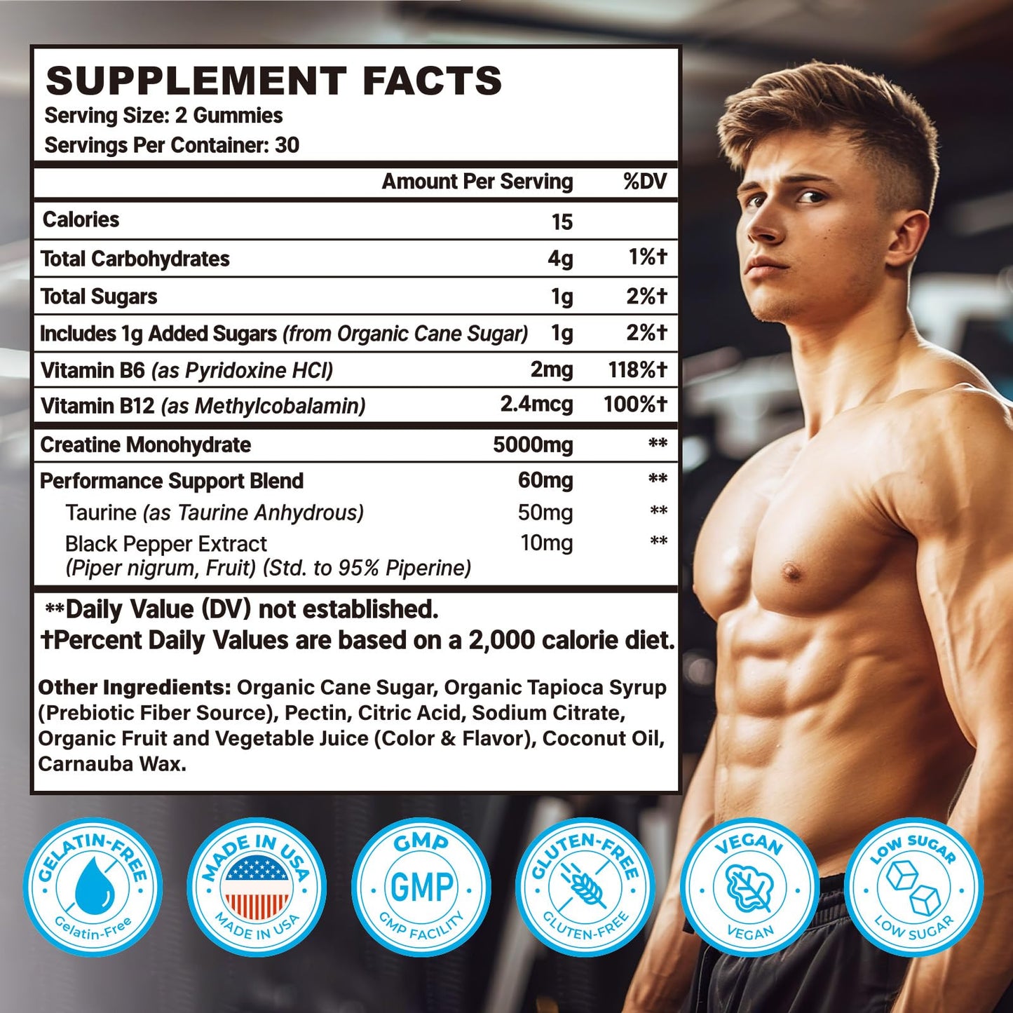 Creatine Monohydrate Gummies, Pre-Workout Chewables Supplement for Women and Men, Creatine Monohydrate with Taurine & B6 - for Muscle, Strength, Endurance & Energy, Vegan (Berry, 60 Gummies)