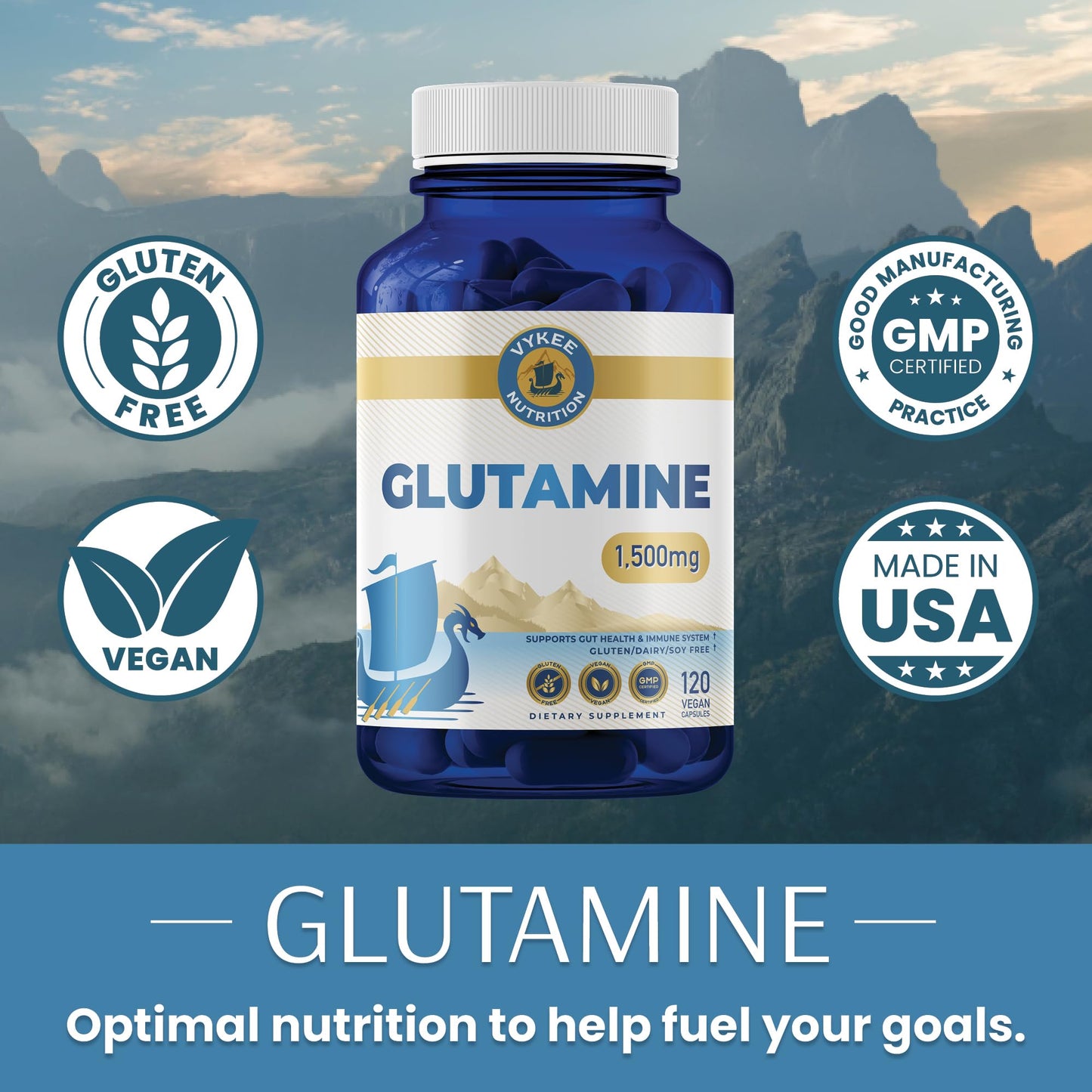 Vykee Nutrition L-Glutamine Capsules - 1500mg High-Potency Amino Acid for Muscle Recovery, Gut Health & Immune Support | Vegan, Non-GMO | 120 Capsules