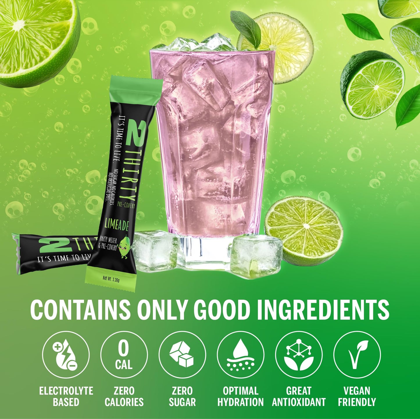 2THIRTY Hydration & Precovery Mixer | No Sugar, Zero Calories | Electrolyte Powder Packets + Vitamin B12, Aminos & Natural Herbs (6 Pack, Limeade)