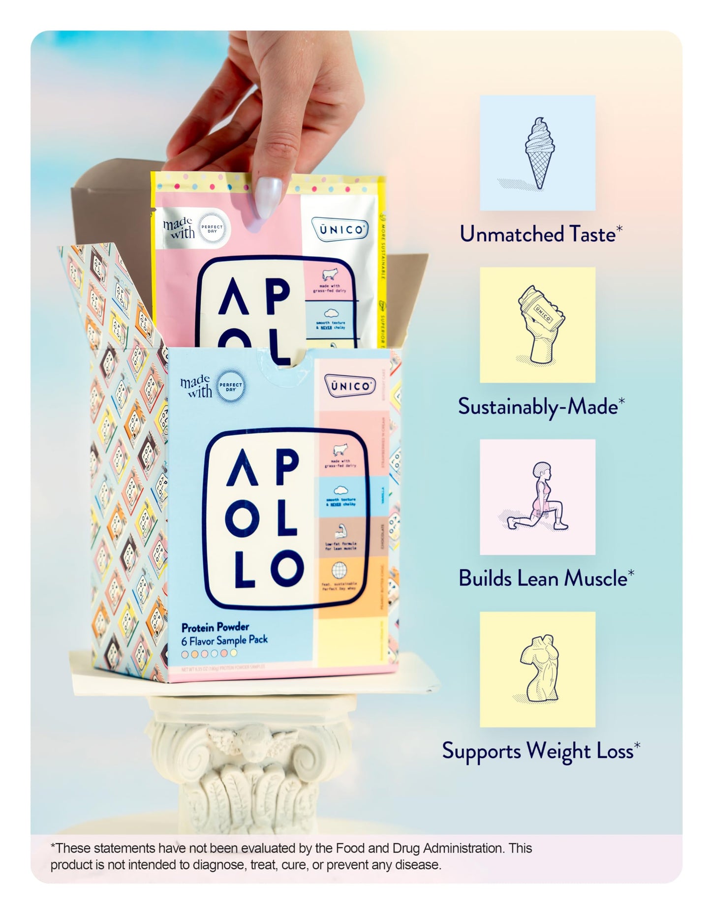 Unico Apollo Protein Powder Samples Variety Pack | Try 6 Flavors in 1 | Convenient Single-Serving Pouches | Non-Chalky Texture | 100% Grass-Fed Whey, Casein and Egg White Protein Formula