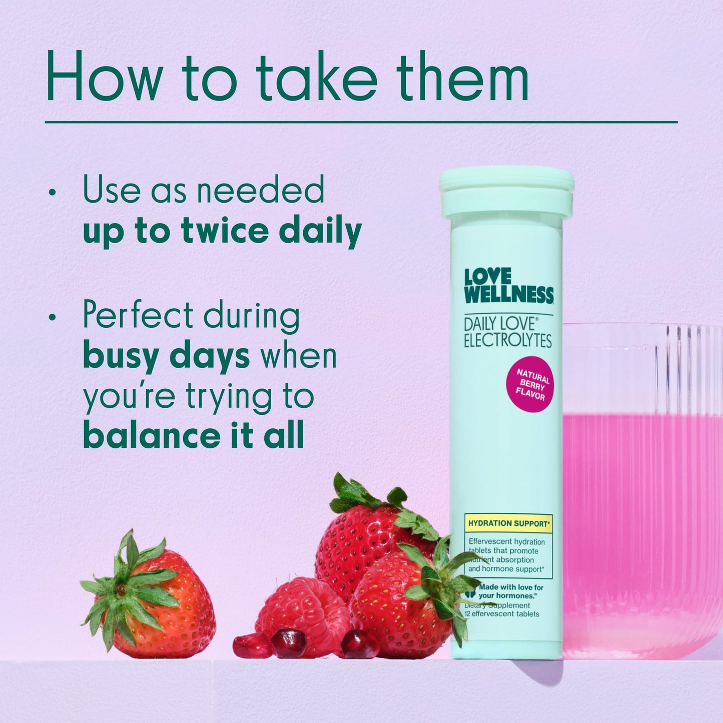 Love Wellness Daily Love Electrolytes | Hydration Tablets for Women | Supports Nutrient Absorption | Healthy Hormone Balance | Energy | Healthy Cortisol Level | Health Mood | 12 Tablets, Berry Flavor