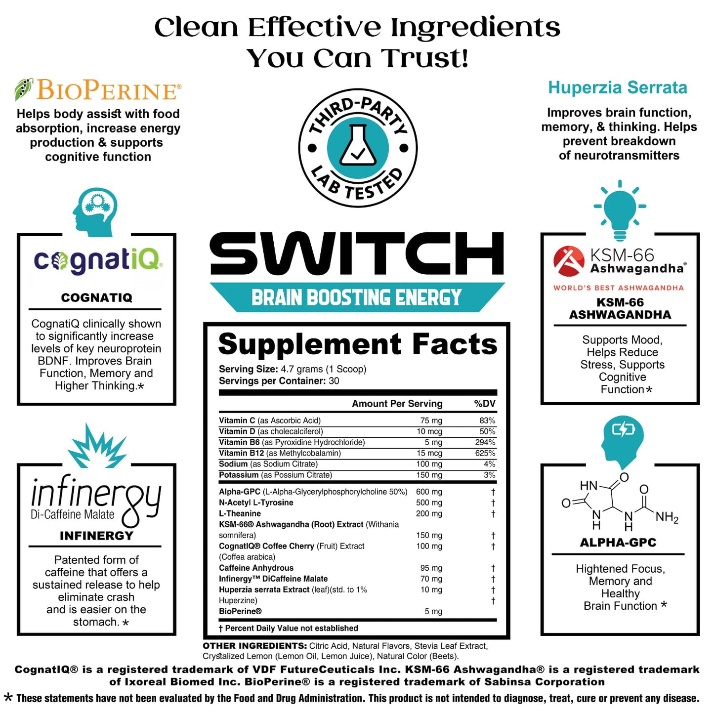 Switch, Brain Boosting Nootropic Energy Supplement, Increase Mental Focus & Cognitive Function, Enhances Mood & Memory, Alpha GPC, Ashwagandha, Sugar Free Energy Powder-Keto