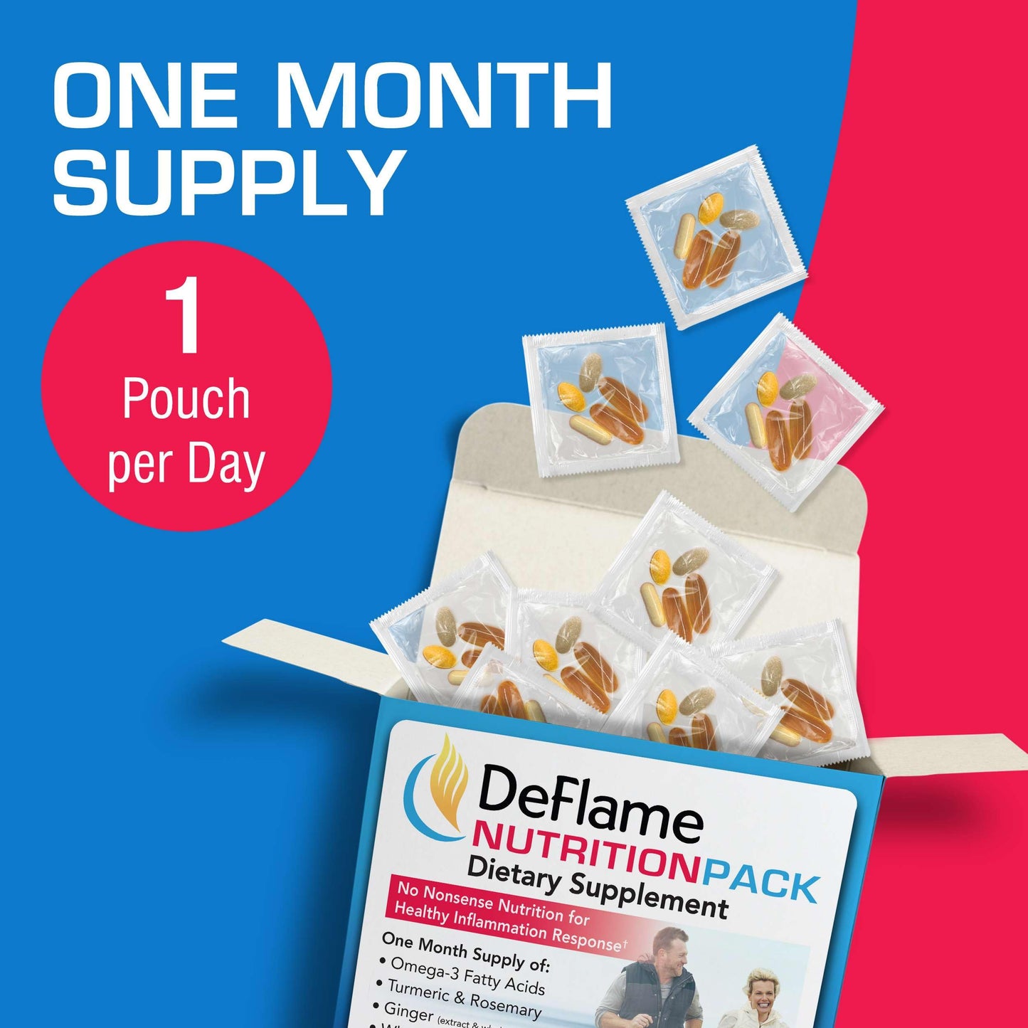 DeFlame Nutrition Pack Supplement - 30 Daily Multivitamin Packs - Omega 3 Fish Oil with EPA and DHA, Rosemary, Bioflavonoids, Ginger, Curcumin Turmeric Supplement