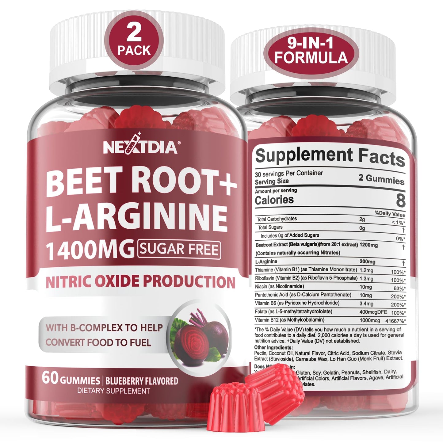 Beet Root Gummies & L-Arginine 1400mg with B1, B2, B3, B5, B6, Folate & B12, for Energy Boost, Blood Flow & Circulation Support, Sugar Free Organic Chewable Beets Supplements, Vegan, Non-GMO, 120 Cts