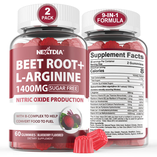 Beet Root Gummies & L-Arginine 1400mg with B1, B2, B3, B5, B6, Folate & B12, for Energy Boost, Blood Flow & Circulation Support, Sugar Free Organic Chewable Beets Supplements, Vegan, Non-GMO, 120 Cts