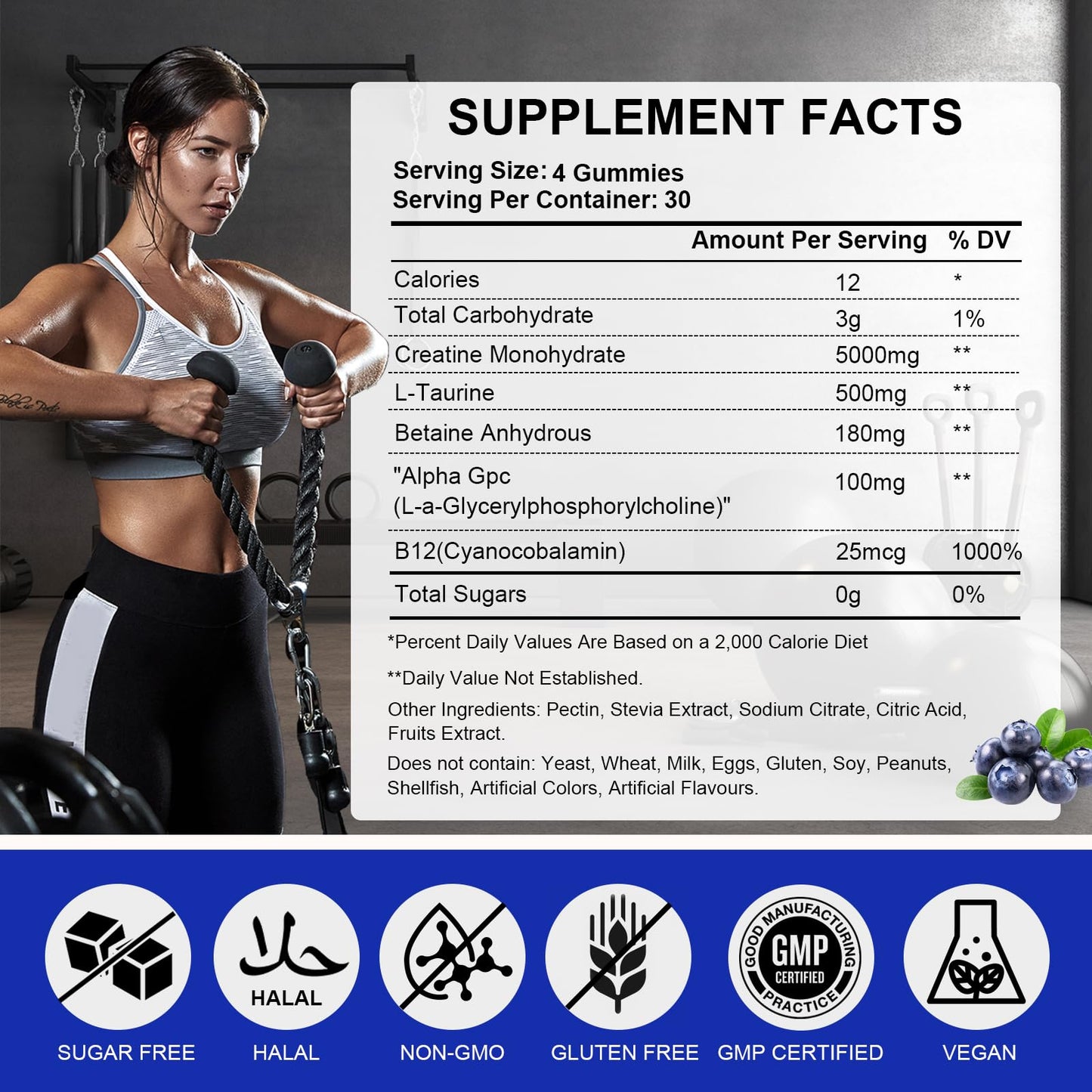 Lysimi Creatine Monohydrate Gummies 5000mg for Men & Women, Creatine Monohydrate for Muscle Strength, Muscle Builder, Energy Boost, Pre-Workout Supplement, Blueberry Flavor, 120Count