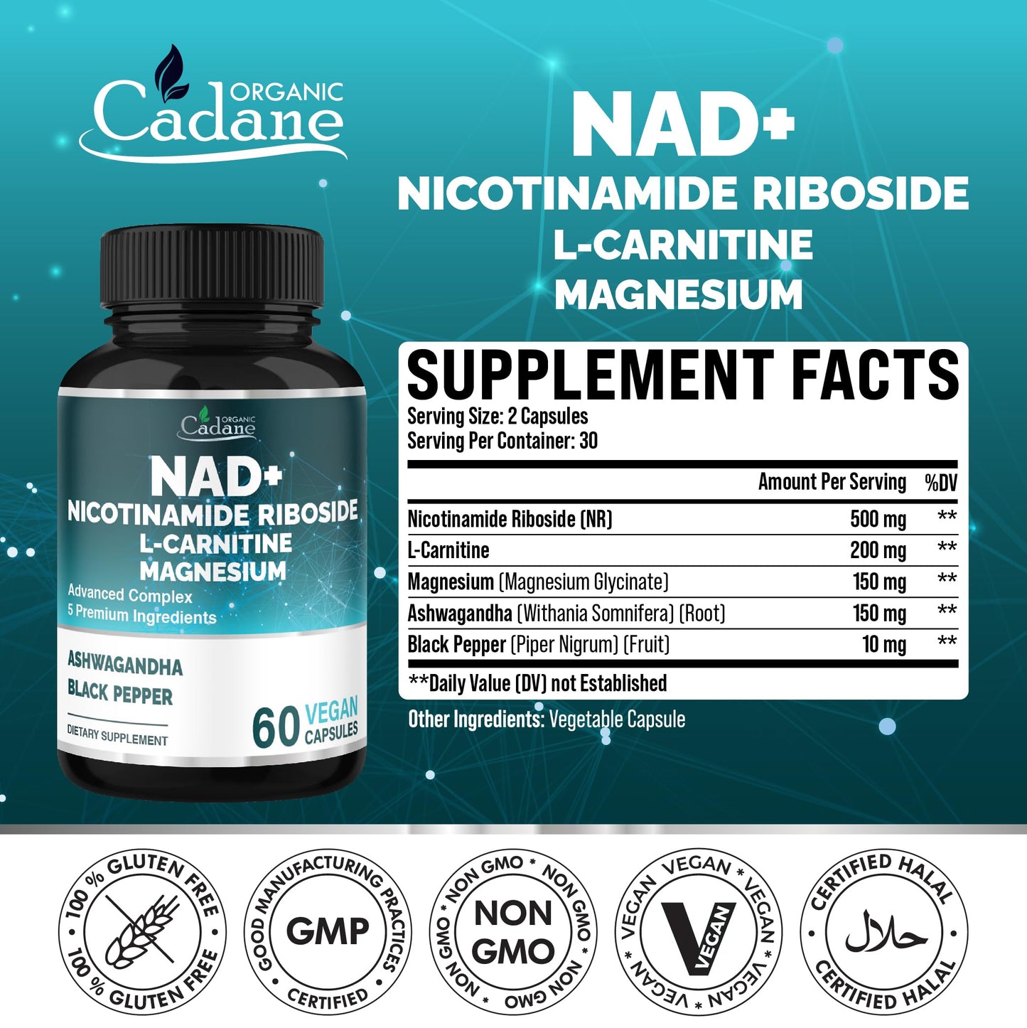 Organic Cadane Nicotinamide Riboside Supplement with L-Carnitine, Magnesium Glycinate, Ashwagandha, Black Pepper | Cellular Health & Wellness Support | Vegan, Non-GMO - 60 Capsules - 30-Day Supply
