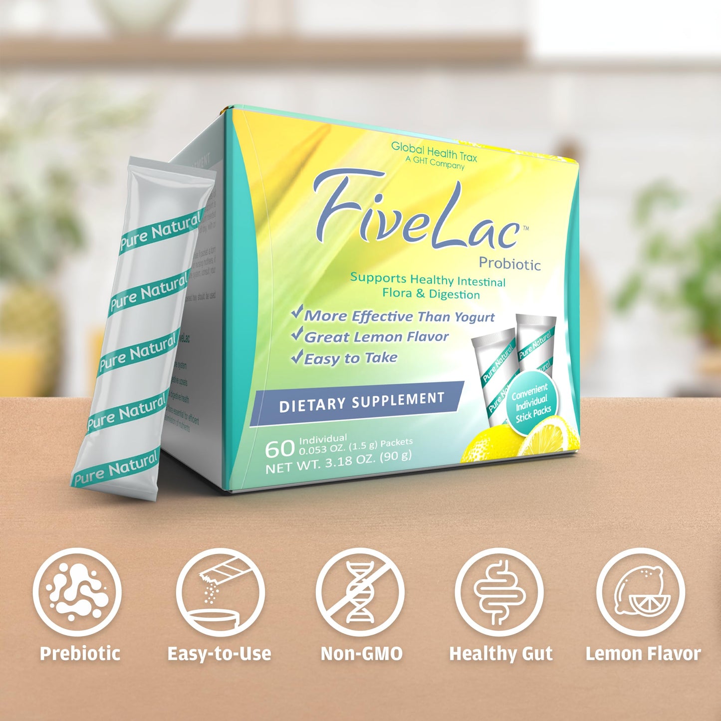 GHT - FiveLac Lemon Probiotic Powder Drink Mix, Probiotics for Women, Men, and Kids - Smooth Digestive Support and Elimination - Relieves Occasional Constipation and Gas - 60 Packets (3 Pack) Non-GMO