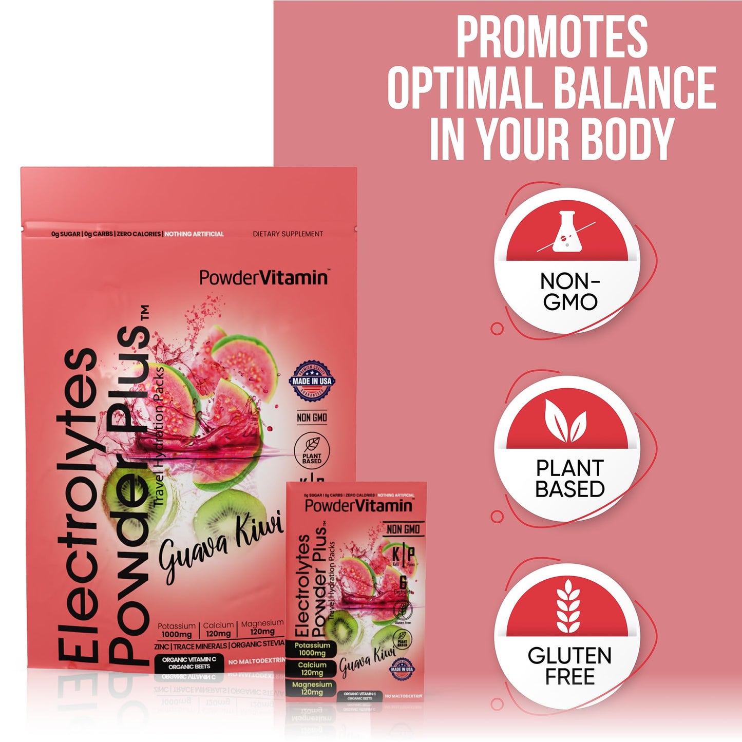 PowderVitamin Electrolytes Powder Plus, Keto, Guava Kiwi, Zero Sugar, 1000mg Potassium, 120mg Calcium, 120mg Magnesium, Non-GMO, Zero Calories, 30 Hydration Packets