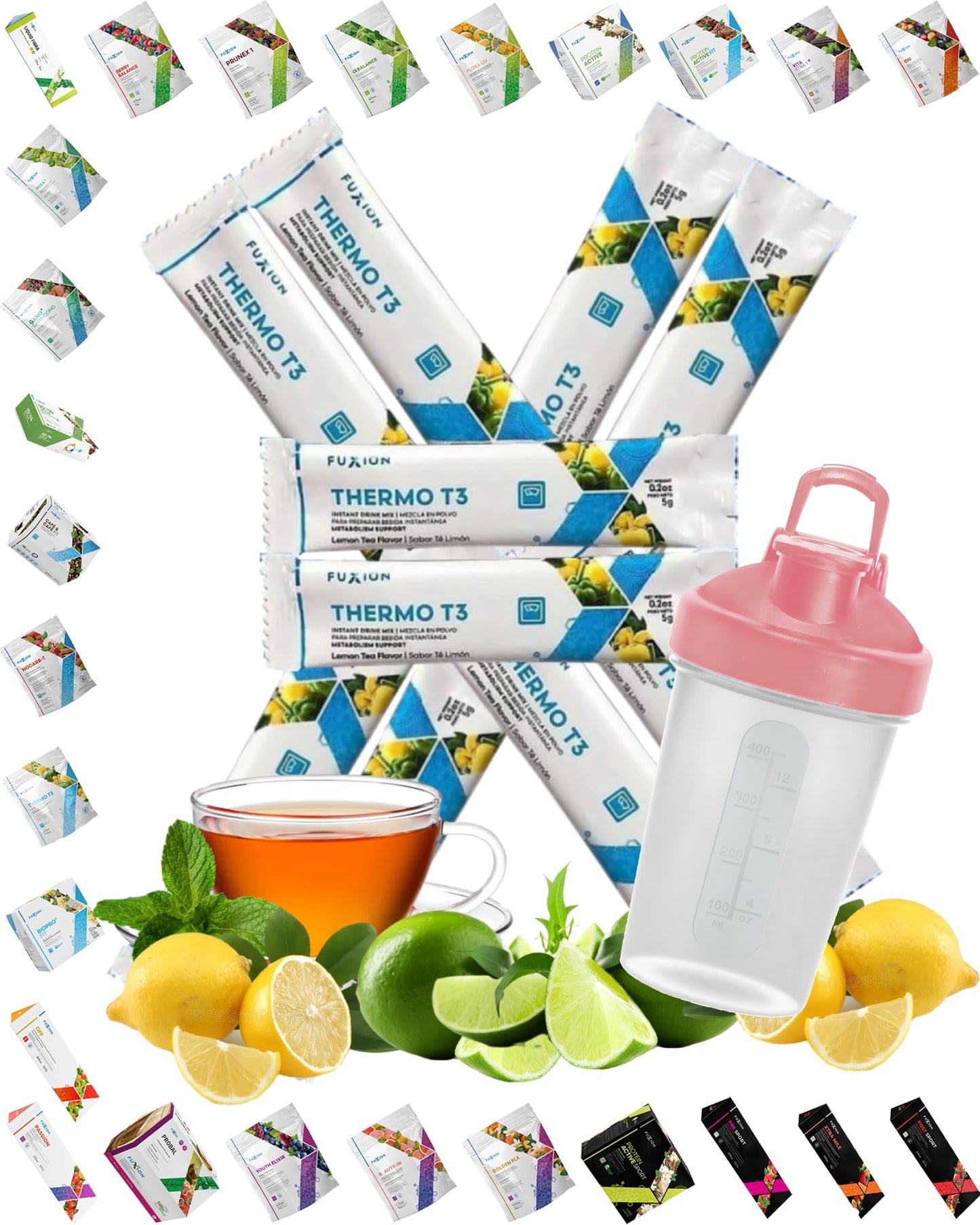 FuXion Thermo T3 - Transform Fat into Energy,10 Single Serving Packets,Plus A 12 Oz Shaker Bottle BPA Free w. Pink Cover & Clear Body,Steel Whisk Blender
