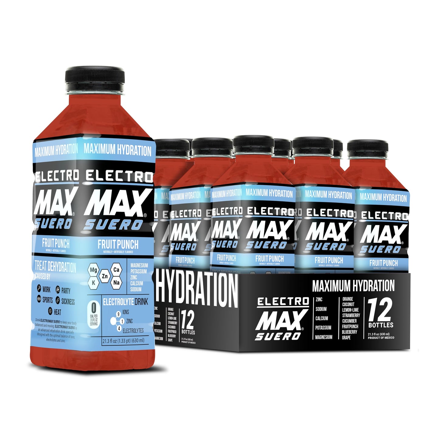 ELECTROMAX SUERO - Zero Sugar Electrolyte Drink - 12-Pack (21.3 Fl Oz Each), Hydration for Sports, Recovery, and Daily Use - Magnesium, Potassium, Zinc, Calcium - Zero Calories. (Fruit Punch)