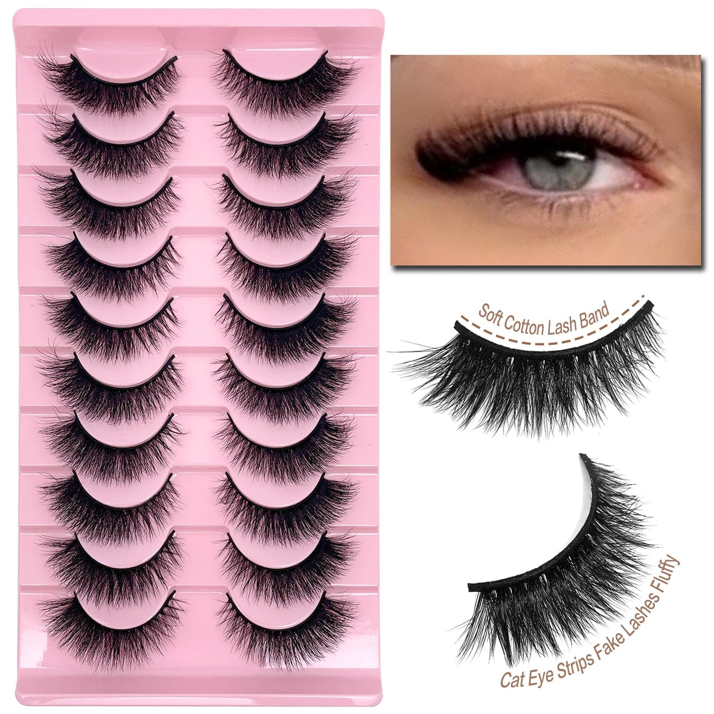 SISIYDY Cat Eye Lashes Fluffy Soft Faux Mink False Eyelashes Natural Look 3-18mm Long Lash Strips C Curl Natural Fake Eyelashes Volume Cateye Fox Eye Fake Mink Lashes 10 Pairs Pack YH011