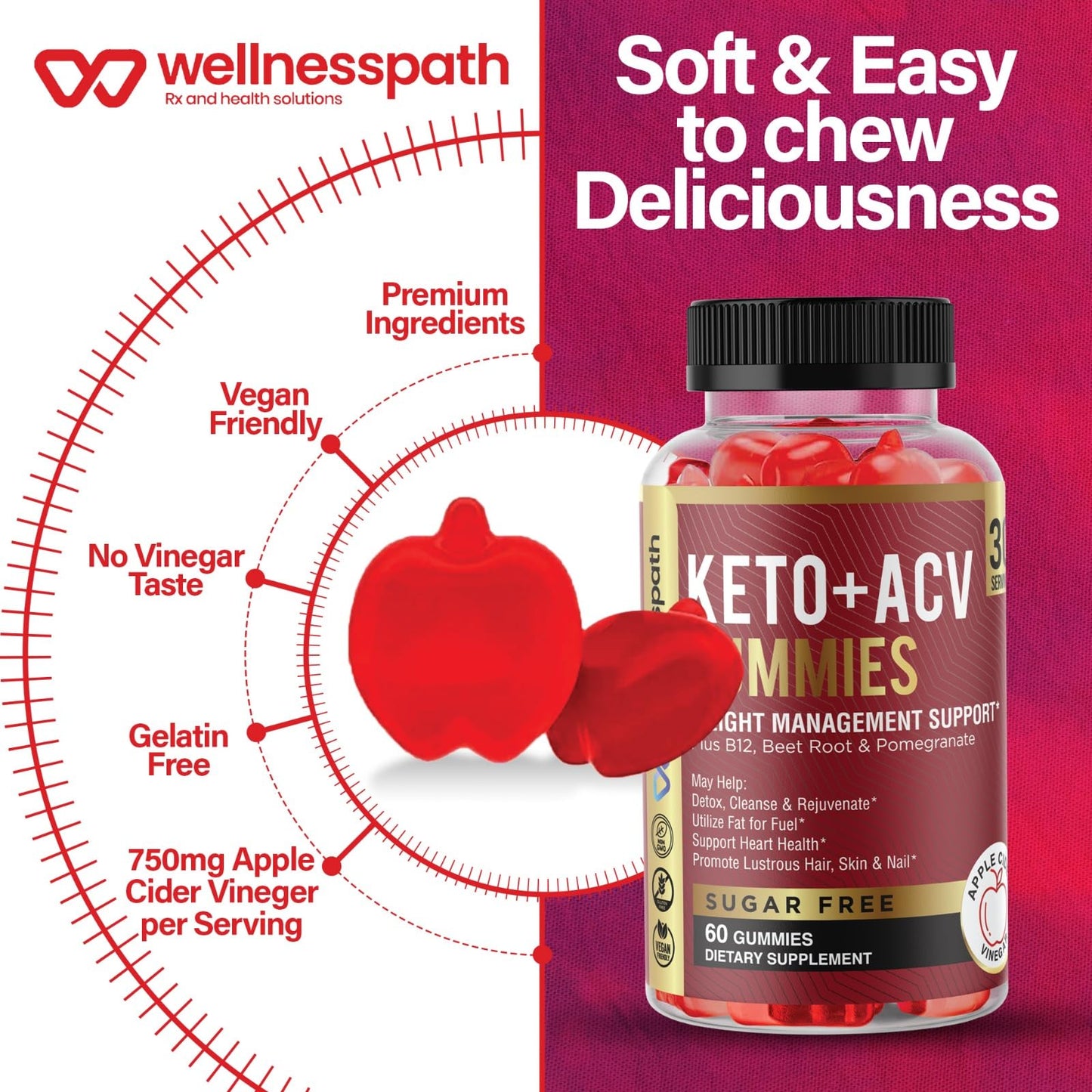ACV Keto Gummies for Weight Loss, Sugar Free Fat Burning Gummies for Adult Women Men, Vegan Friendly, Appetite Supressant ACV Gummies Advanced Weight Loss for Detox, Cleanse and Digestion, 60 Counts