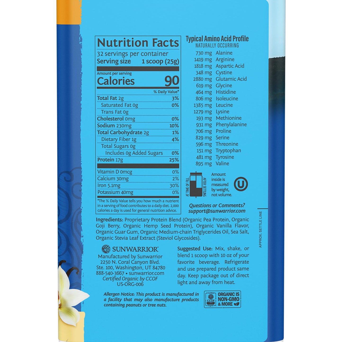 Sunwarrior Vegan Protein Powder Plant-based Organic Protein USDA BCAAs Amino Acids Supplement Hemp Seed Keto Friendly Soy, Dairy, Gluten, & Synthetic Free NON-GMO, Vanilla Flavored 32 Servings 17g per