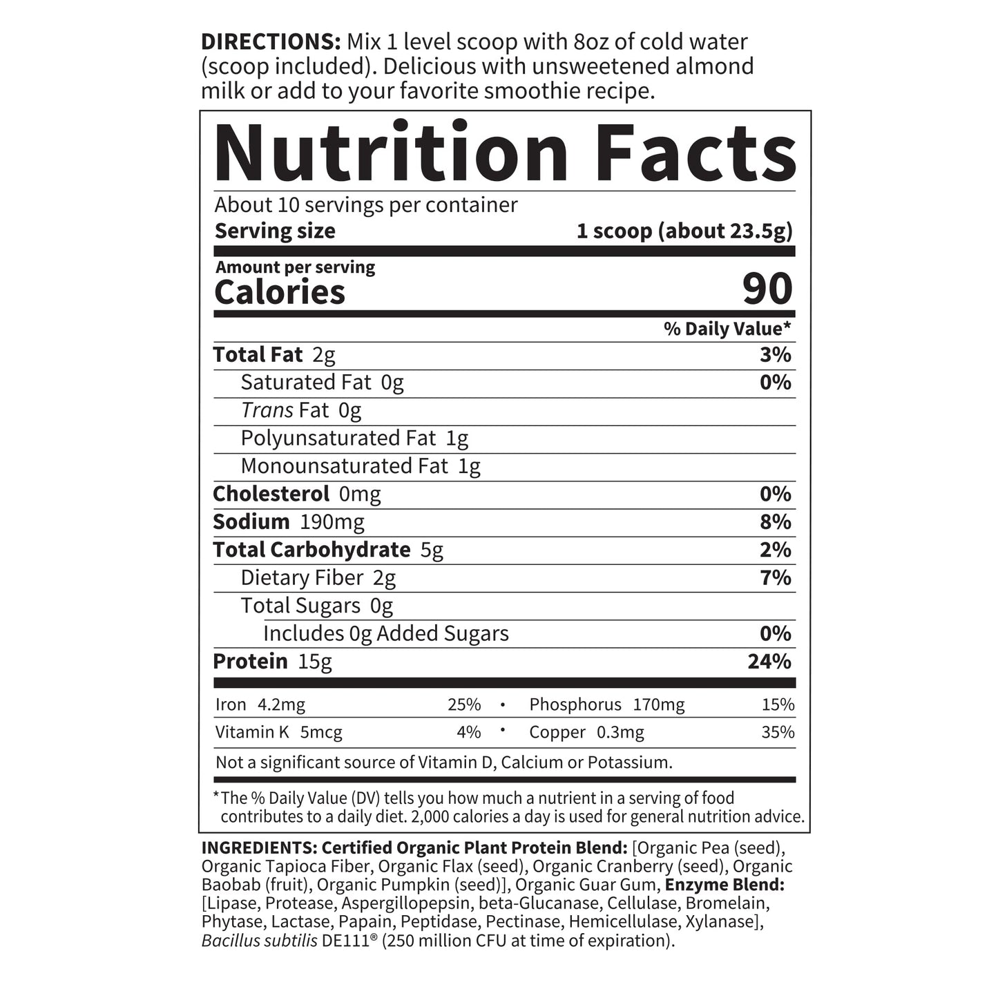 Garden of Life Organic Plant Based Protein Powder - Smooth Unflavored - Vegan, Grain Free & Gluten Free Shake for Women and Men - 10 Servings, 15g Protein, Probiotics & Enzymes, 0g Sugar, Stevia Free