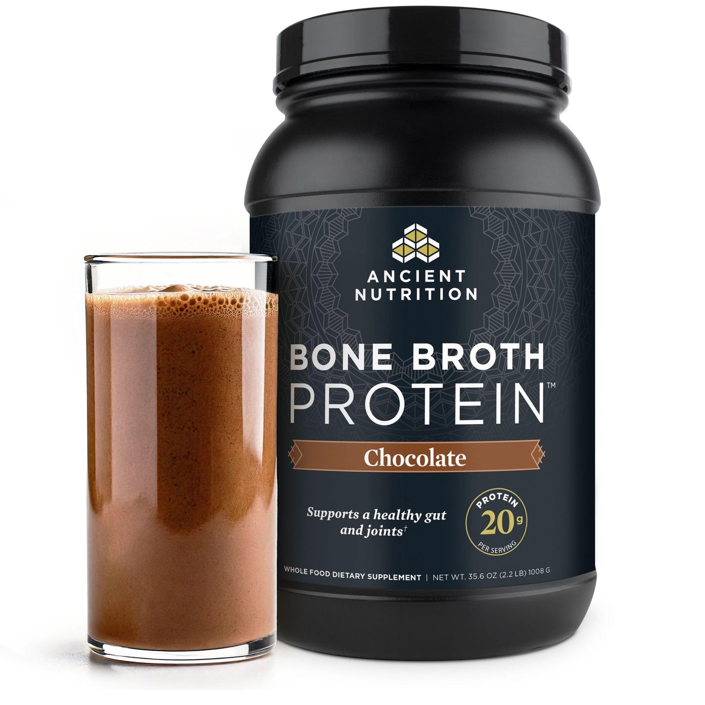 Ancient Nutrition Grass Fed, Cage Free, Bone Broth Protein Powder, 20g Protein, Hydrolyzed Collagen Peptides, Keto & Paleo Friendly, Supports Joint, Gut Health, Chocolate, 40 Servings