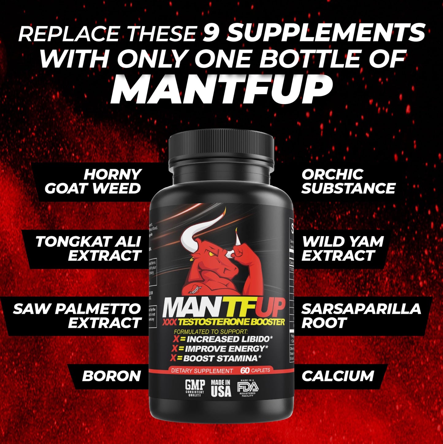 MANTFUP Vitality Enhancer for Men | Fast-Acting Testosterone Booster & Daily Supplement to Support Male Health & Libido | Potenciadores de Testosterona | Made in USA (1 Month Supply, 60 Caplets)