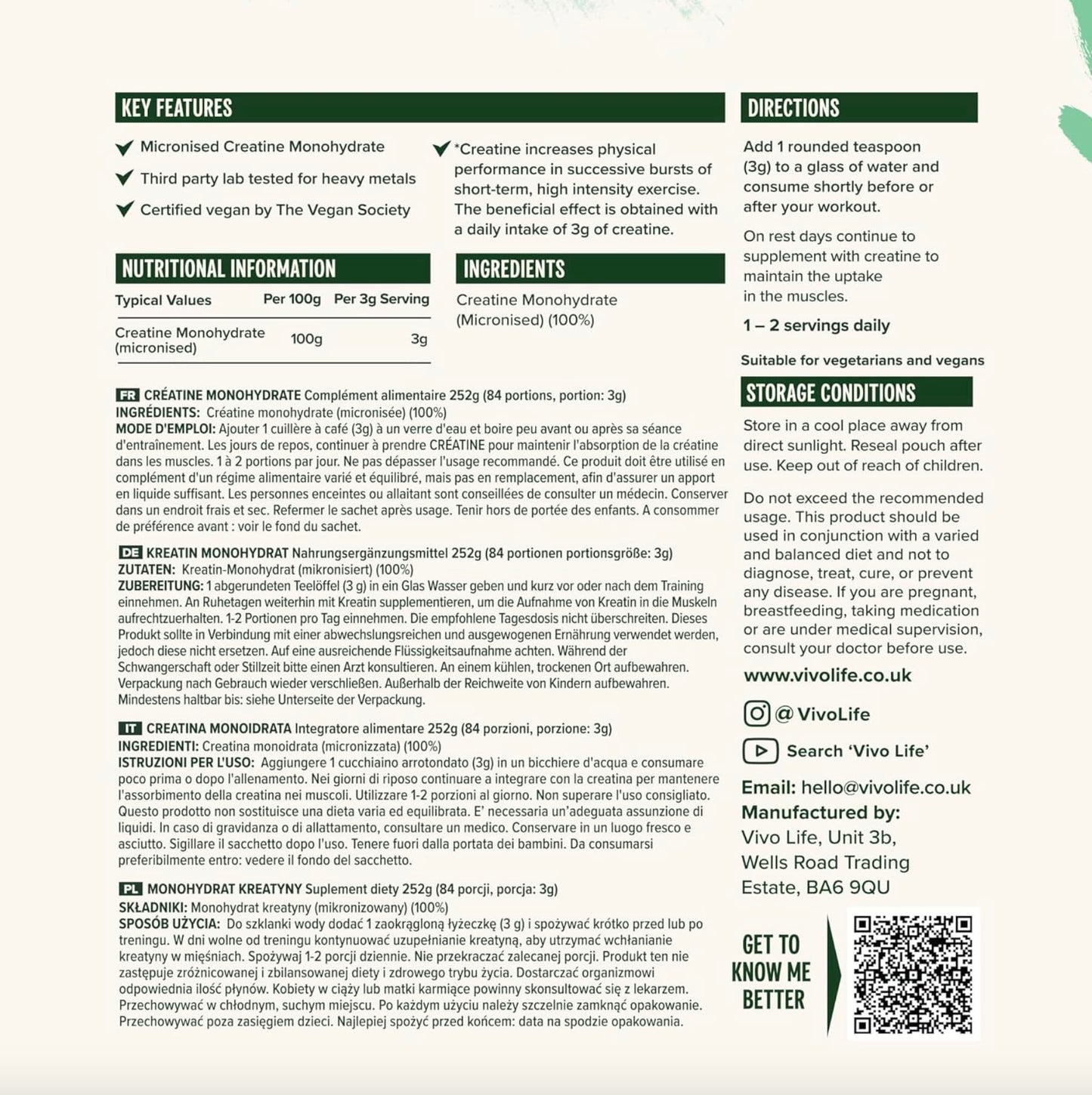 Vivo Life - Creatine Monohydrate Powder Micronised - Vegan, Unflavoured (8.8 oz, 84 Servings)