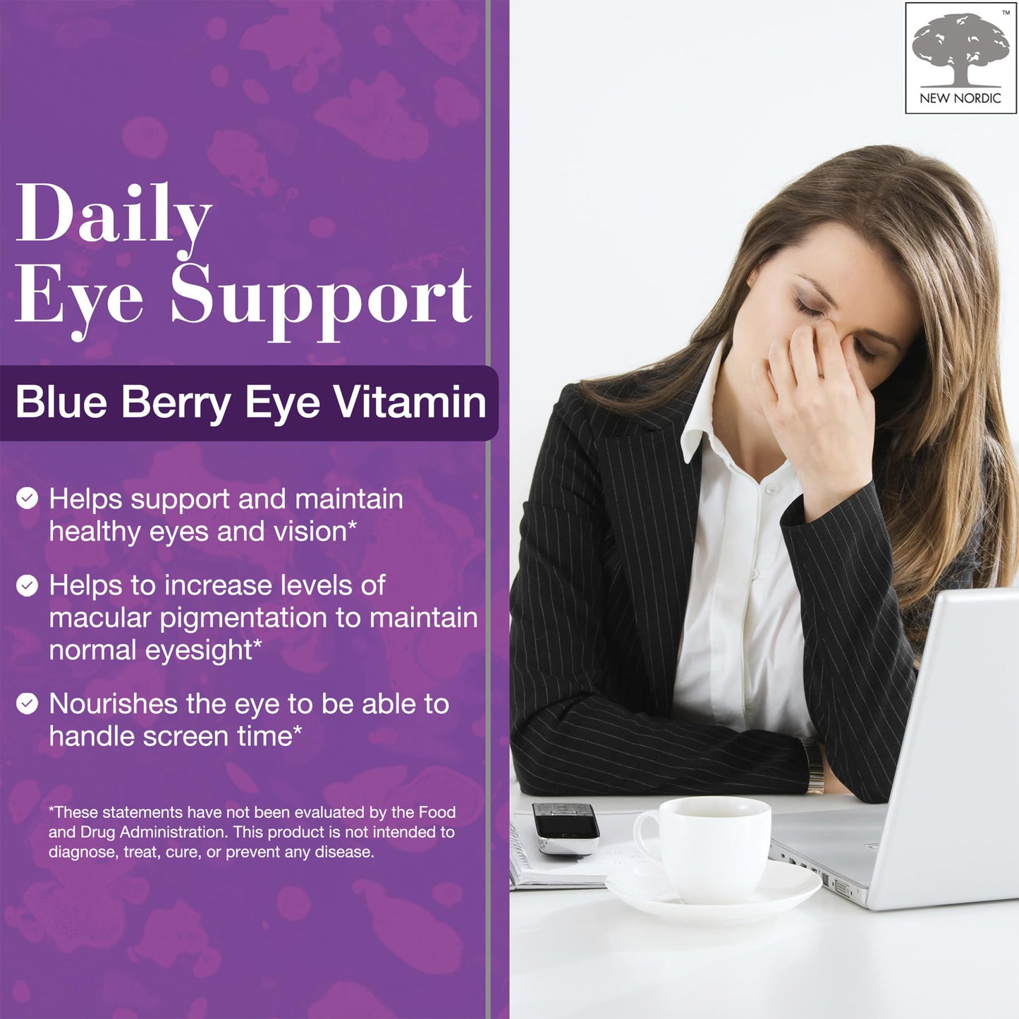 NEW NORDIC Blue Berry Eye Vitamin Lutein Supplement with Zinc, Supports Macular Pigmentation, Eye & Vision Function, 60 Tablets (Pack of 1)