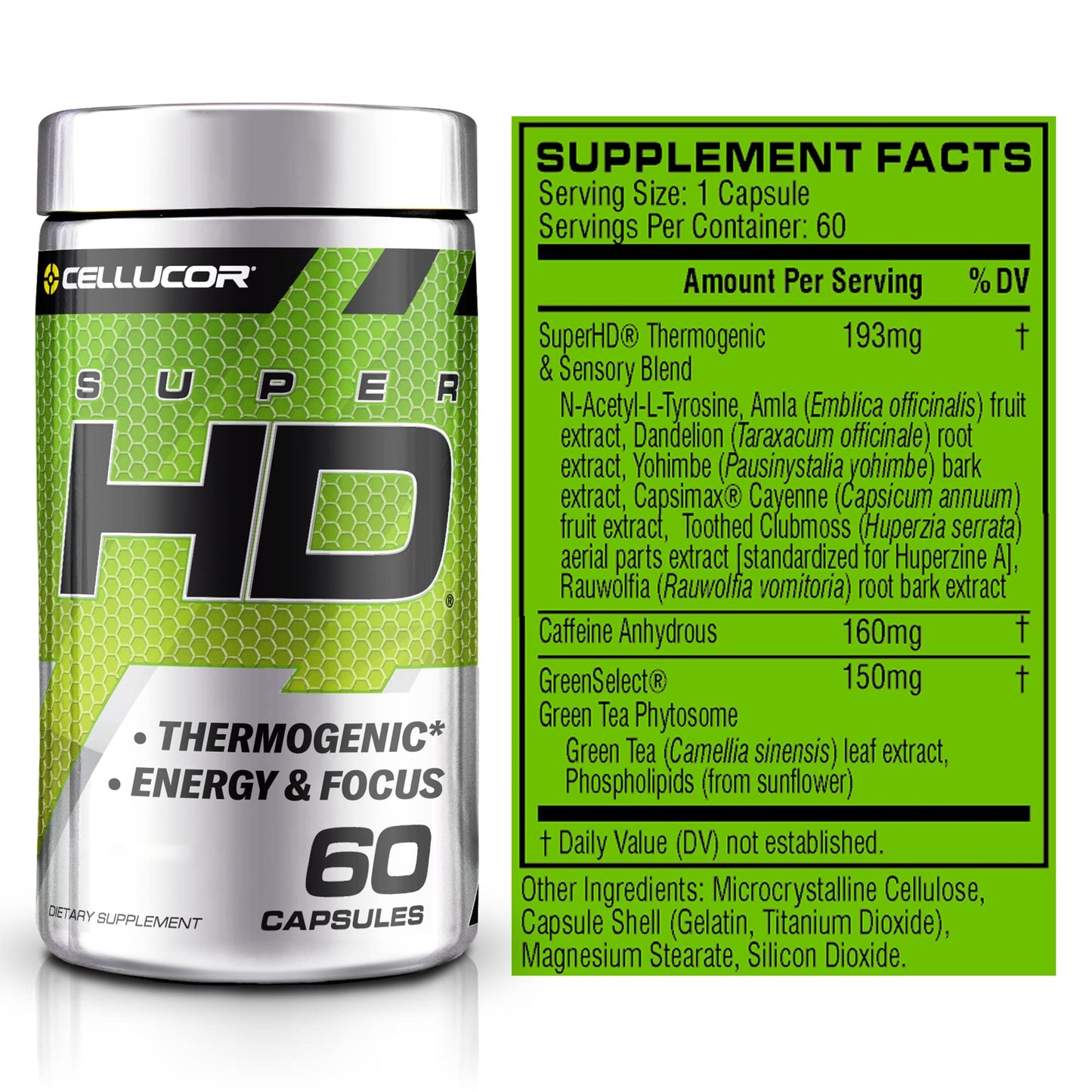 Cellucor SuperHD Thermogenic Fat Burner Weight Loss Supplement, Appetite Suppressant, & Energy Booster Capsimax, Green Tea Extract, 160mg Caffeine & More 60 Capsules (Packaging May Vary)