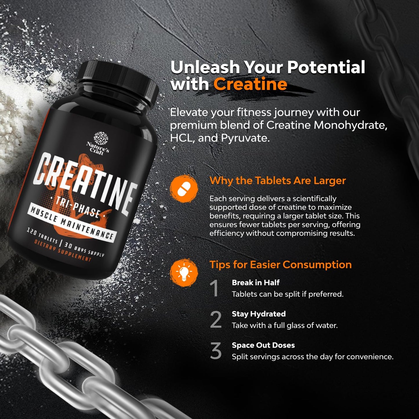 Natures Craft High Strength Tri Phase Creatine Tablets for Women & Men - Formula Blend of Creatine Monohydrate, HCL & Pyruvate Supplement - Muscle Mass Gain & Recovery Supplement - 120 Tablets