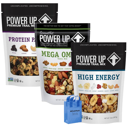 Power Trail Mix Snacks Variety Pack Healthy Nuts Packs Snack Mega Omega High Energy and Protein Packed Mixed Nut and Fruit 14 Ounces Bags with Nosh Pack Bag 3 Pack