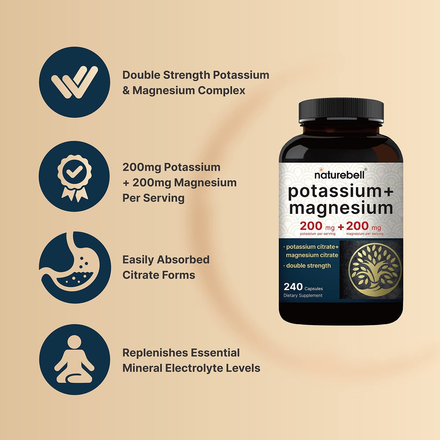 Potassium Magnesium Supplement - Potassium 200 mg + Magnesium 200 mg | 240 Capsules - Easily Absorbed Citrate Forms - Muscle, Bone, & Heart Health Support - Non-GMO