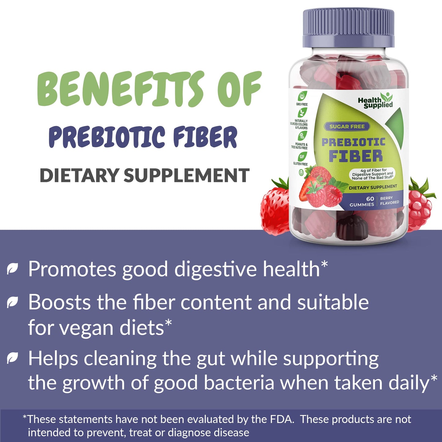 Health Supplied Mixed Berry Flavored Prebiotic Fiber Gummies - Supports Digestive System Gut Cleansing, Constipation Relief - Assists with Weight Loss Plan - Great Tasting and Easy to Swallow