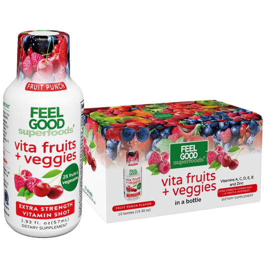 FeelGood Superfoods Vita Fruits and Veggies Immune Support Shot Supplements, Fruit Punch Flavor, Pack of 10 Immunity Shots, Immune System Booster Drink Made with 25 Organic Fruit & Vegetables