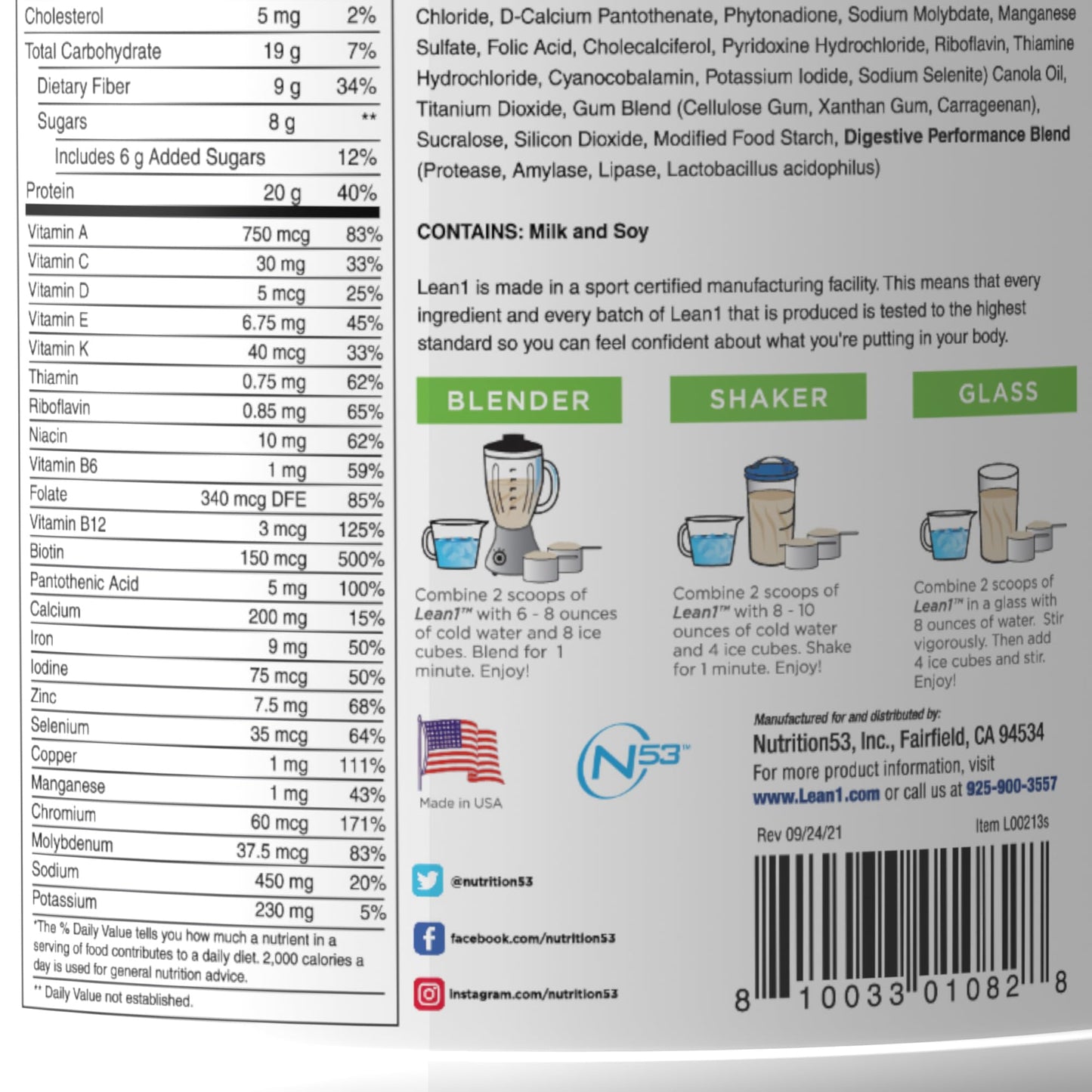 Original Lean1, Meal Replacement Shake, Vanilla Flavor