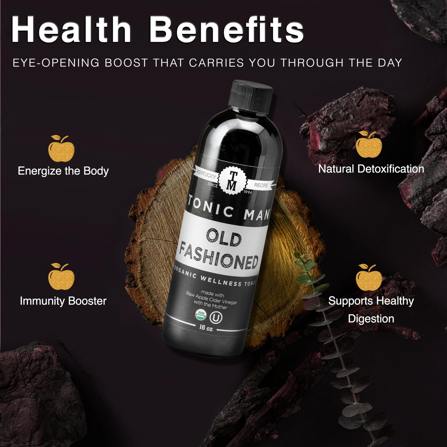 Tonic Man Old Fashioned Organic Wellness Herbal Tonic Made with Raw Apple Cider Vinegar Organic Herbs and Spices Energize Body  Immunity Booster NonGMO 16oz Bottle Pack of 2