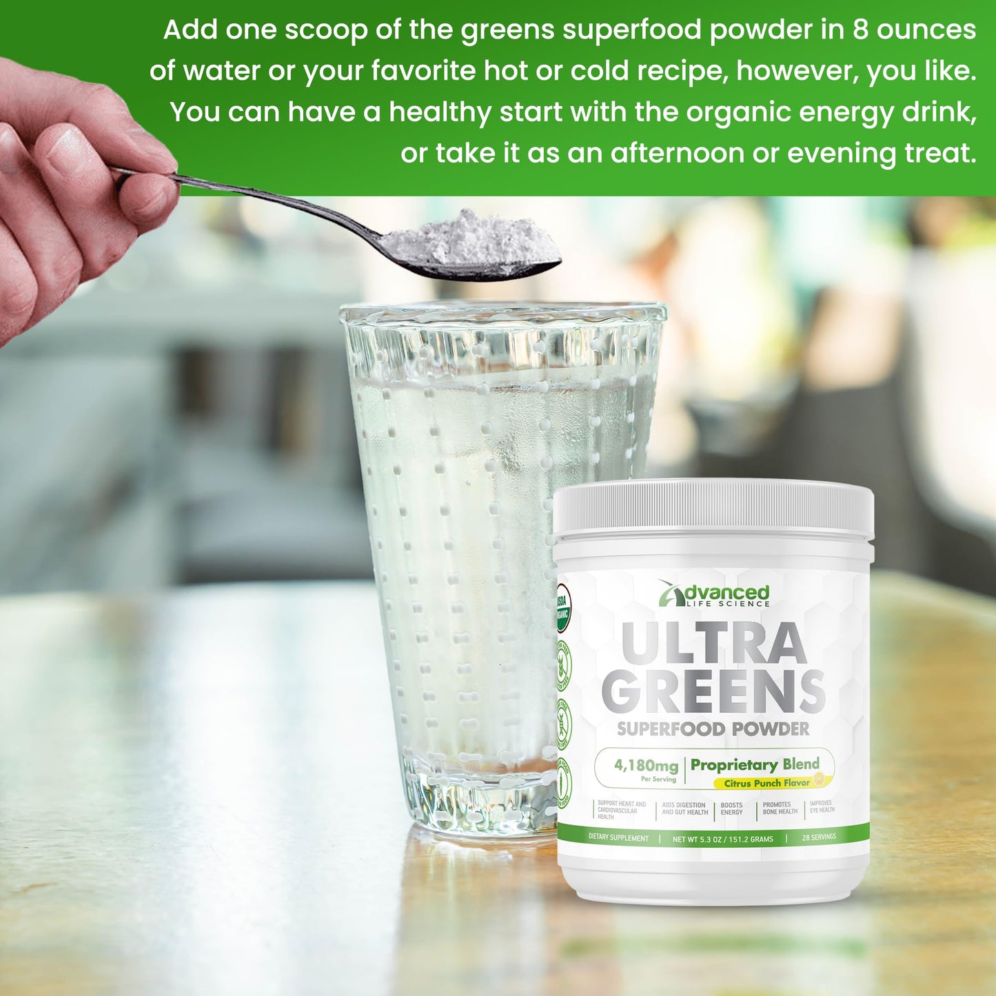 Ultra Green Superfood Powder - Green Based Supplement Drink - 151.2 g (5.3 oz.) Green Powder Tub - Energy Booster - Better Cardiovascular and Gut Health
