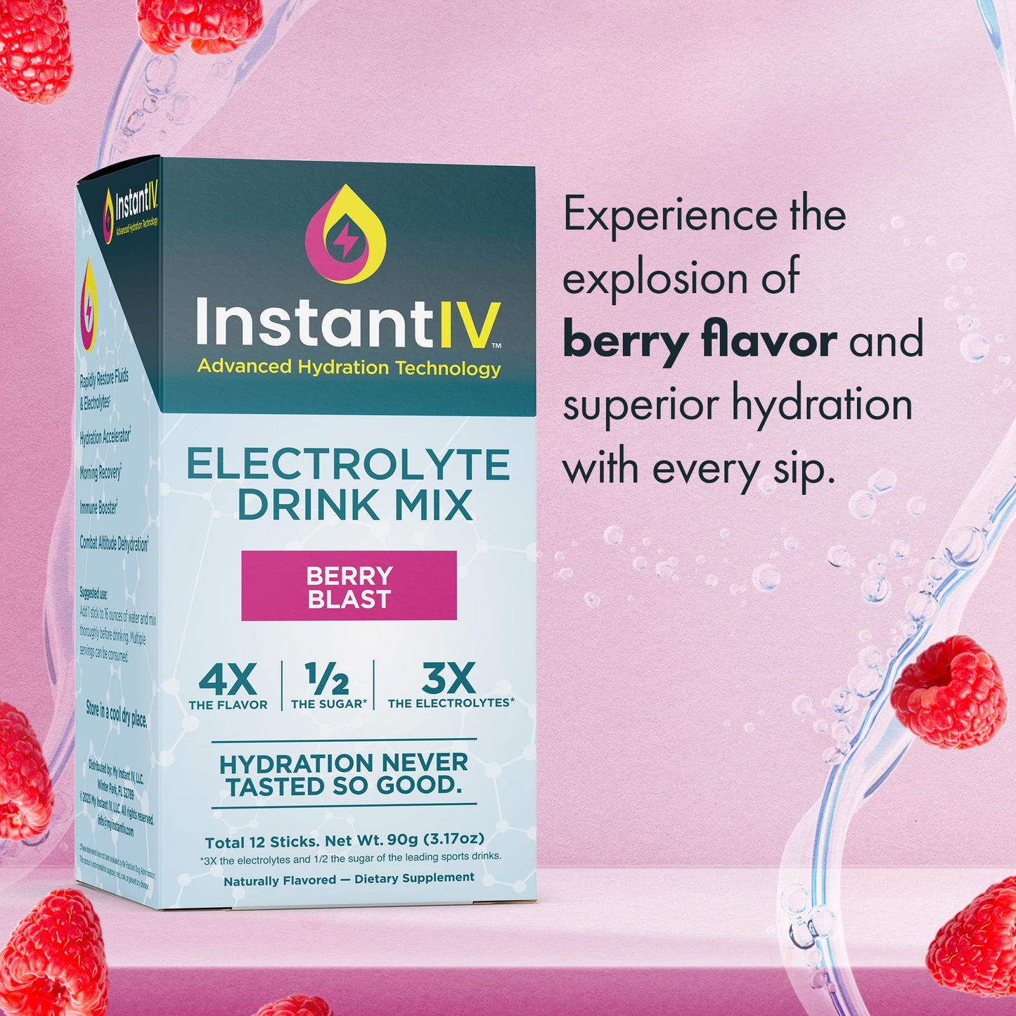 Electrolytes Powder - 3X Electrolytes,1/2 Sugar with Vitamin C, B3, B6, Electrolytes Powder Packets for Hydration, Recovery & Immunity, Vegan & Gluten Free | Berry Blast - 12 Packets