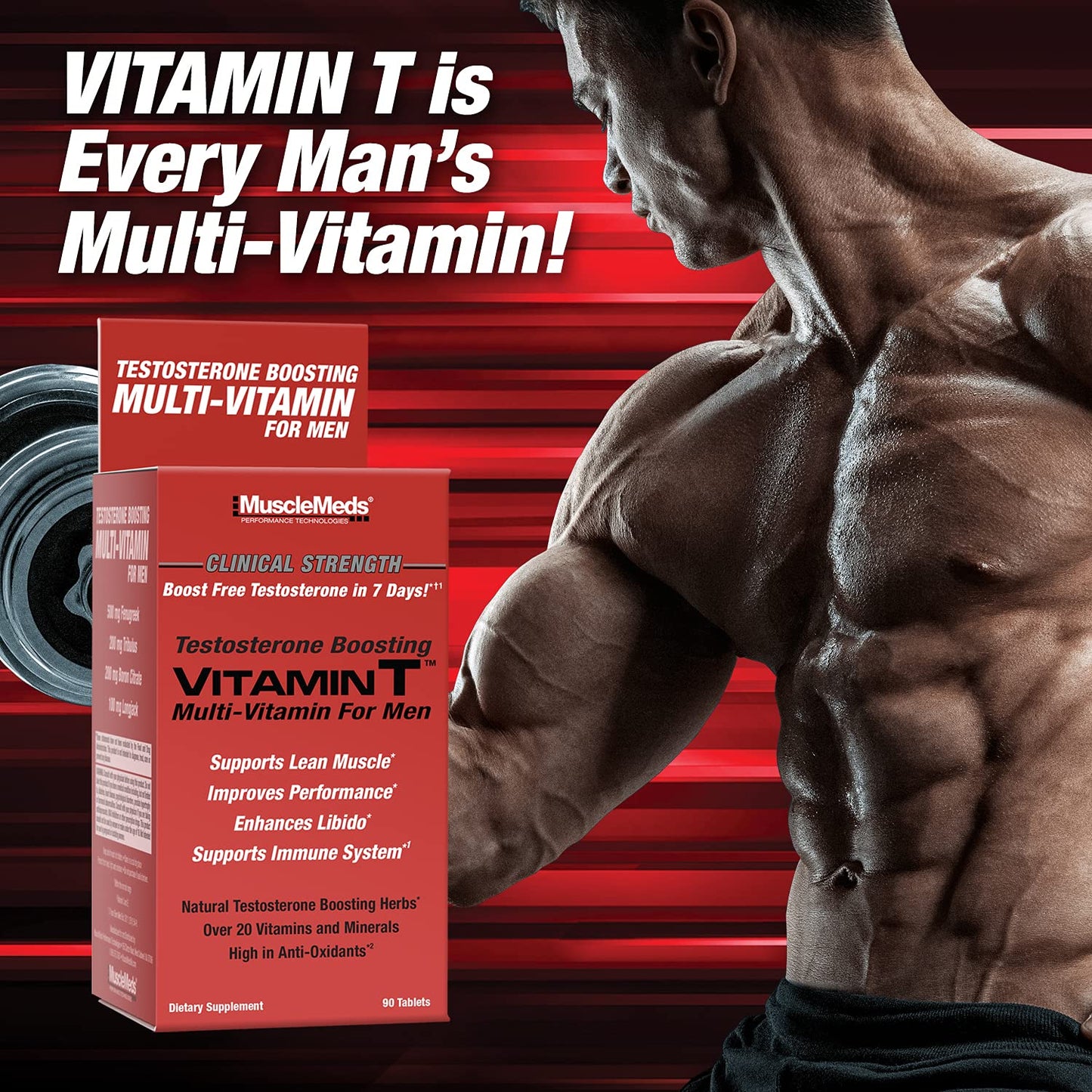 MuscleMeds Vitamin T Daily Complete Multivitamin for Men Enhances Testosterone Muscle Building Sexual Performance 20 Vitamins Minerals Fenugreek Tribulus Longjack, Brown, 90 Count