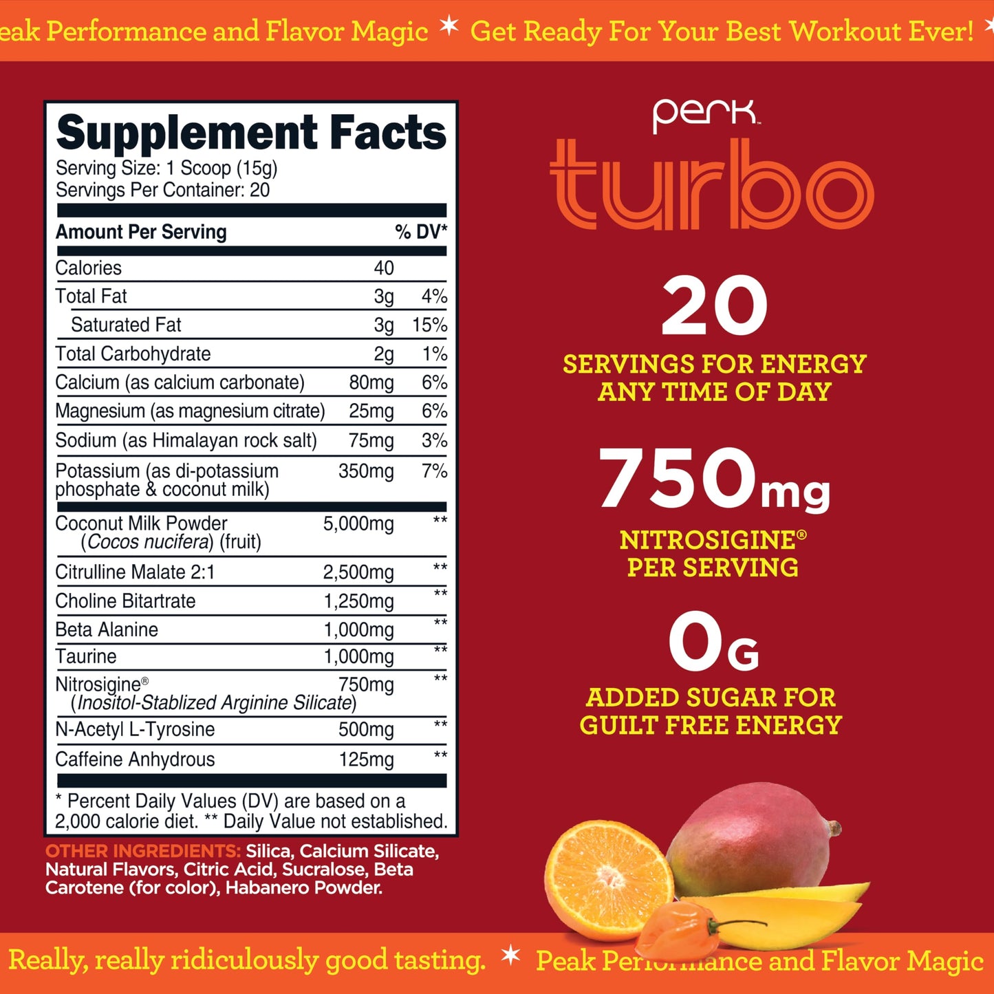 Perk Turbo Pre-Workout Powder (Mango Habenero Flavored) 20 Servings - Gluten-Free