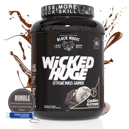 Worldwide Nutrition Bundle Compatible with Black Magic Wicked Huge - Mass Gainer Cookies and Cream Flavor for Muscle Support and Recovery, 7.68 LBS Protein Powder Supplement with Keychain