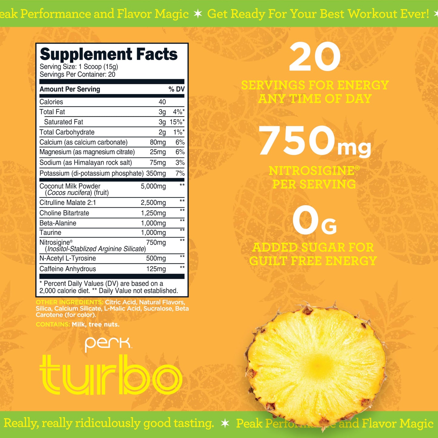 Perk Turbo Pre-Workout Pineapple Whip Flavored (20 Servings) - Gluten Free, Soy Free