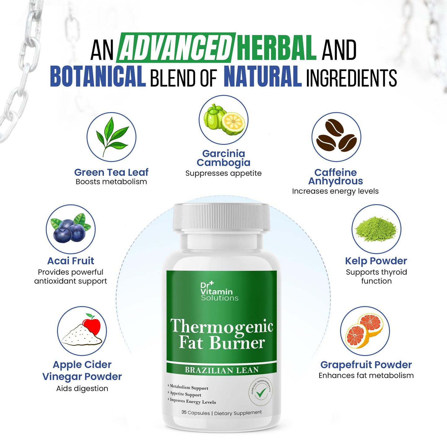 DR VITAMIN SOLUTIONS Thermogenic Fat Burner - Natural Appetite Control & Metabolic Booster with Green Tea & Bloat Defense (35 Capsules)