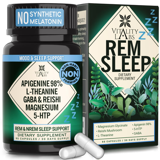 Vitality Labs Natural Sleep Aid Supplement for Adults Without Melatonin - Non-Habit Forming Herbal Sleep - GABA, L-Theanine, Reishi Mushroom, Apigenin, Magnesium Glycinate, 5-HTP - 90 Vegan Capsules