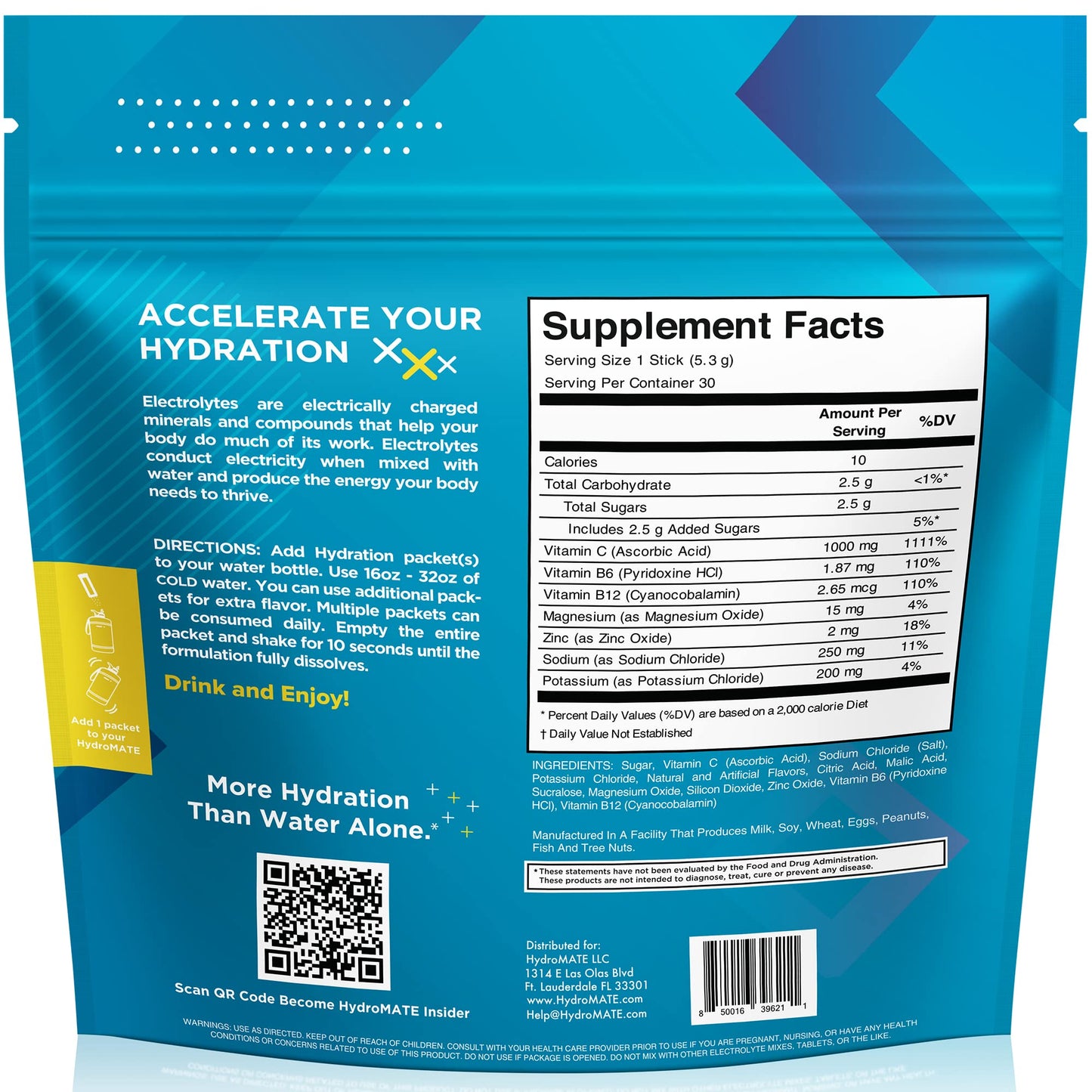 HydroMATE Electrolytes Powder Low Sugar - 30 Count Lemon Lime Instant Hydration Packets with Vitamin C to Boost Energy - Low Sugar Electrolytes Powder Packets to Support Hydration Fast Party Recovery