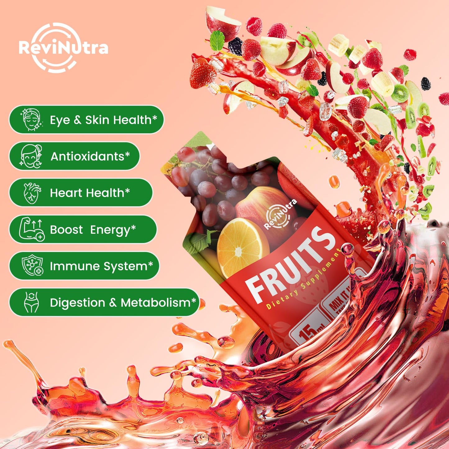 Fruit and Veggies Supplement - 10 Pouches Superfoods & Super Greens for Adults & Kids - Liquid Fruits and Vegetables with Vitamins & Minerals - Support Energy, Detox, Immunity, Digestion & Metabolism