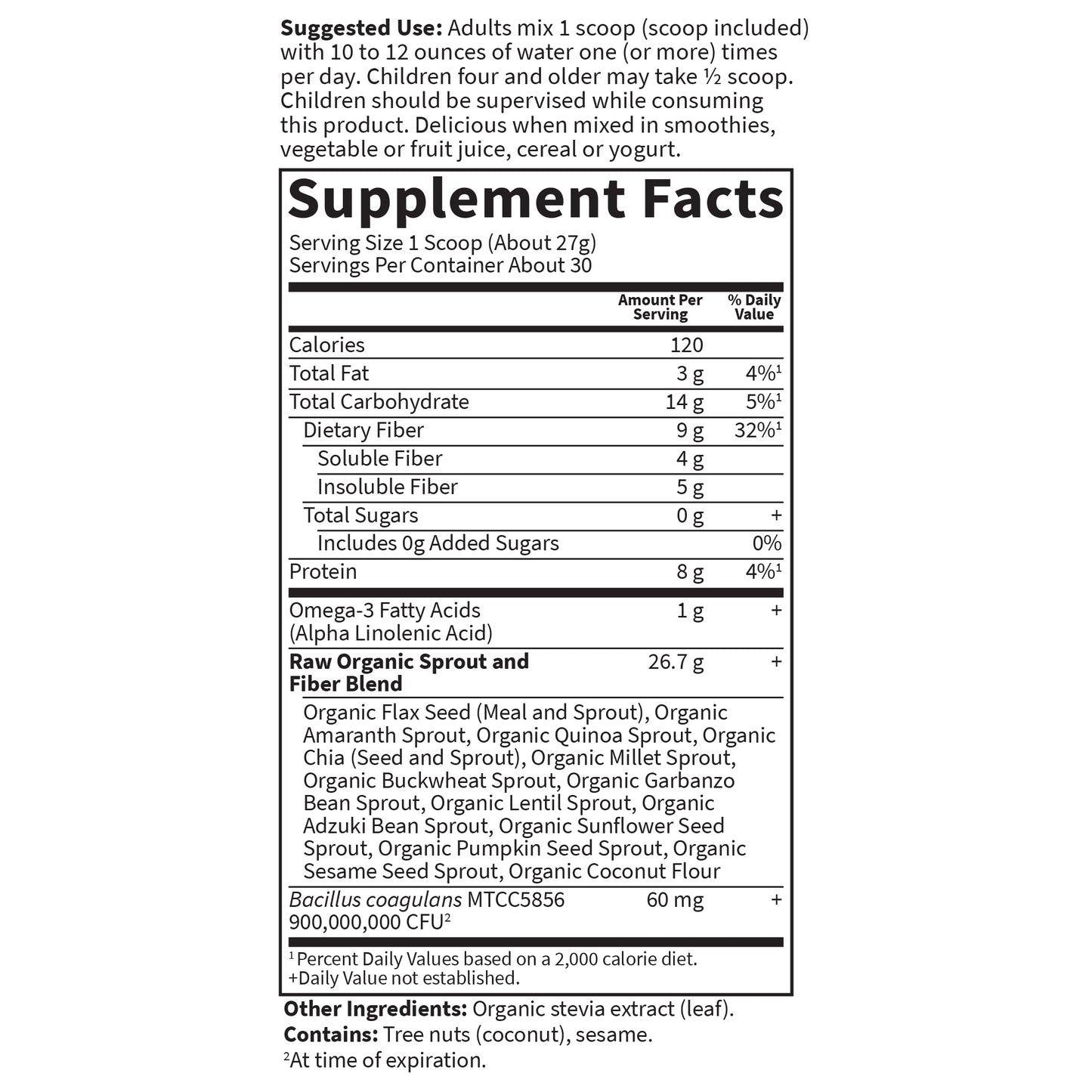 Garden of Life Raw Organic Fiber Powder, 30 Servings, 15 Organic Superfoods, Probiotics, Omega-3 ALA, Soluble and Insoluble Fiber for Regularity, Psyllium Husk Free