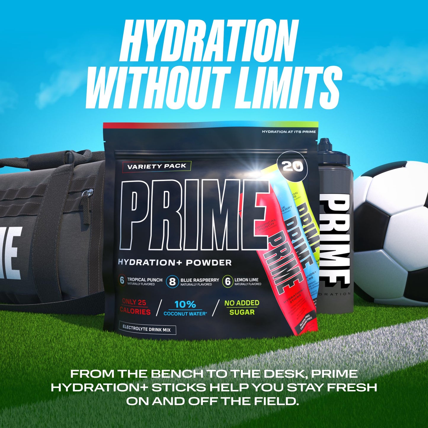 PRIME HYDRATION+ Sticks VARIETY PACK | Hydration Powder Single Serve | Electrolyte Powder On The Go | Low Sugar | Caffeine-Free | Vegan | 20 Sticks