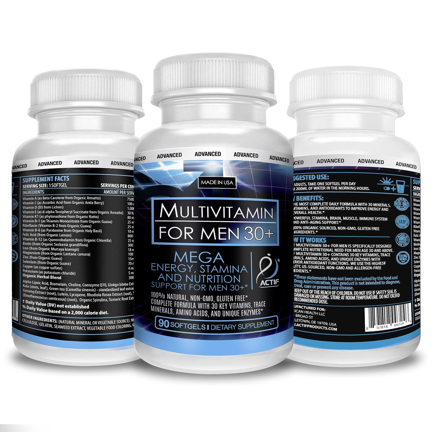 ACTIF Organic Multivitamin for Men Age 30+ with 30 Organic Vitamins and Organic Herbs, Non-GMO, Made in USA, 90 Count