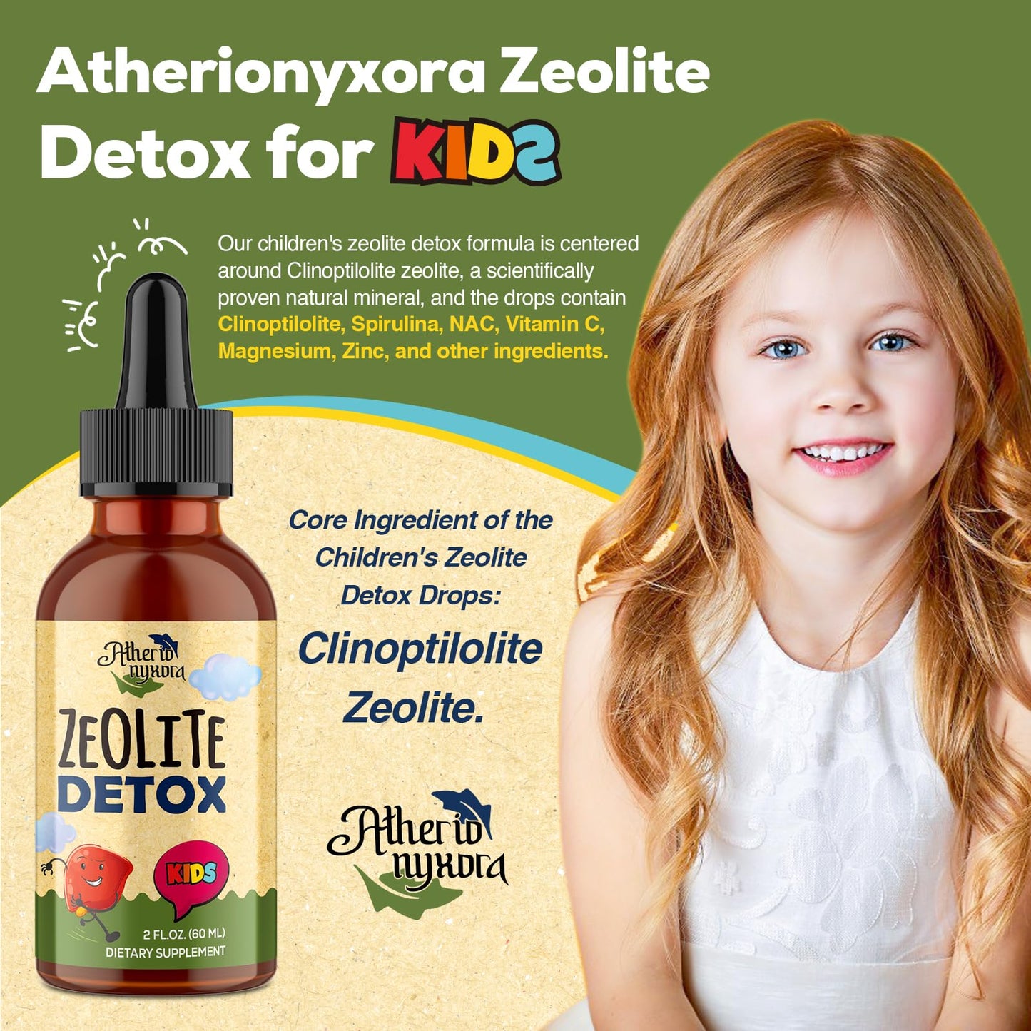 Atherionyxora Zeolite Detox for Kids - Detox Supplement Dual Detoxification, Gentle & Natural & Sweet-Tasting, Contains Clinoptilolite Zeolite, Vitamin C, Magnesium, and Zinc,60ml