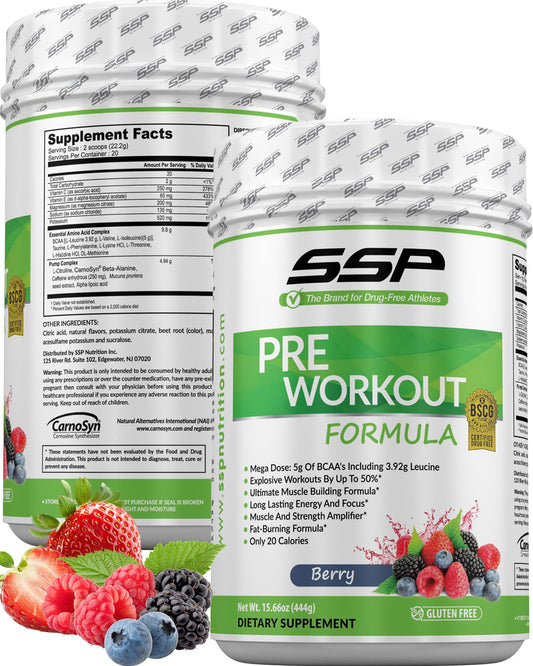 SSP Pre Workout Powder for Men & Women - High BCAA & Electrolytes Energy Drink for Performace & Focus - BSCG Standard Fitness & Endurance Supplement - Berry Flavored Pre-Workout Formula Nutrition